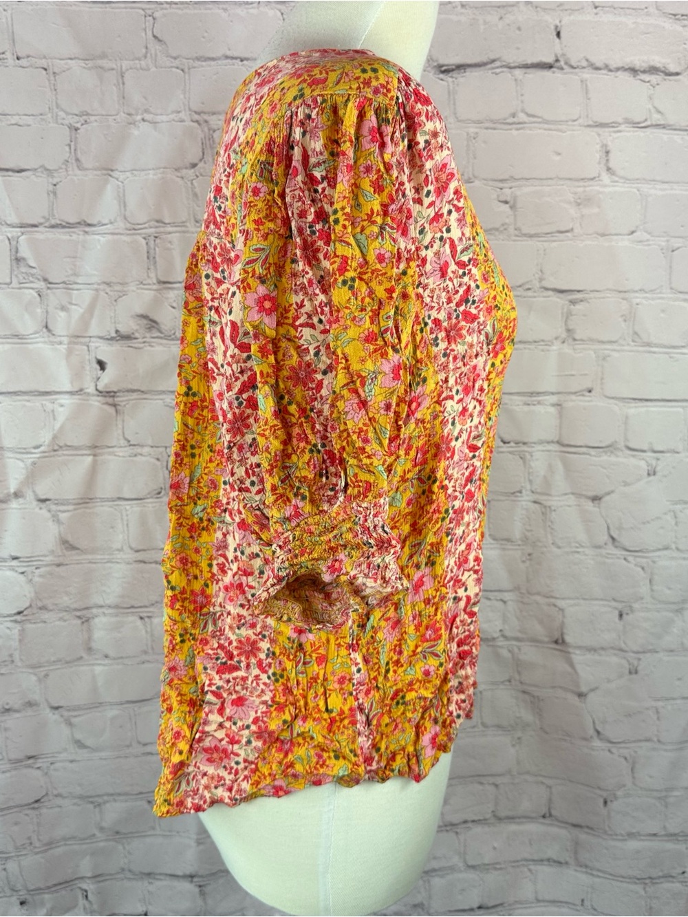 easel Floral V-Neck Short Sleeve Top in Yellow and Pink - Picture 2 of 8